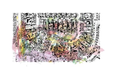 San Diego 'nun simgesi olan Print Building View Kaliforniya' da bulunmaktadır. Vektörde elle çizilmiş resim ile suluboya sıçraması. 