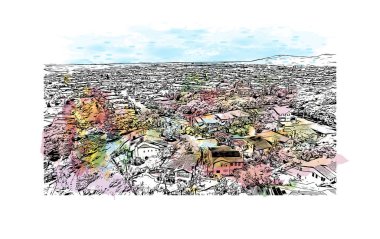 San Diego 'nun simgesi olan Print Building View Kaliforniya' da bulunmaktadır. Vektörde elle çizilmiş resim ile suluboya sıçraması. 