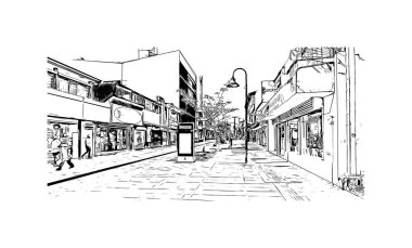 San Jose 'nin simgesi olan Print Building View Kaliforniya' da bulunmaktadır. Vektörde elle çizilmiş çizim çizimi.