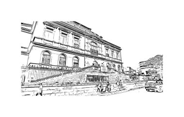 San Jose 'nin simgesi olan Print Building View Kaliforniya' da bulunmaktadır. Vektörde elle çizilmiş çizim çizimi.