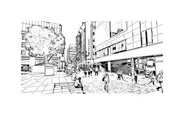 San Jose 'nin simgesi olan Print Building View Kaliforniya' da bulunmaktadır. Vektörde elle çizilmiş çizim çizimi.