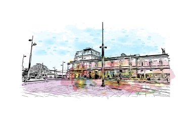 San Jose 'nin simgesi olan Print Building View Kaliforniya' da bulunmaktadır. Vektörde elle çizilmiş resim ile suluboya sıçraması.