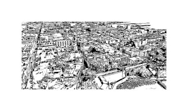 San Juan 'ın simgesi olan Print Building view, Porto Riko' nun başkentidir. Vektörde elle çizilmiş çizim çizimi.