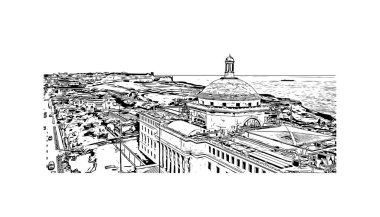 San Juan 'ın simgesi olan Print Building view, Porto Riko' nun başkentidir. Vektörde elle çizilmiş çizim çizimi.