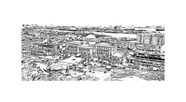 San Juan 'ın simgesi olan Print Building view, Porto Riko' nun başkentidir. Vektörde elle çizilmiş çizim çizimi.