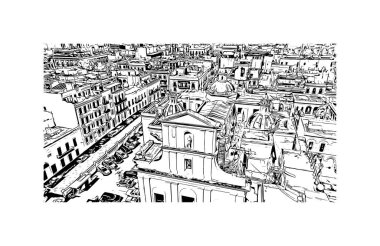San Juan 'ın simgesi olan Print Building view, Porto Riko' nun başkentidir. Vektörde elle çizilmiş çizim çizimi.