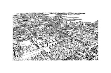 San Juan 'ın simgesi olan Print Building view, Porto Riko' nun başkentidir. Vektörde elle çizilmiş çizim çizimi.