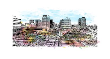 San Juan 'ın simgesi olan Print Building view, Porto Riko' nun başkentidir. Vektörde elle çizilmiş resim ile suluboya sıçraması.