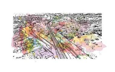 San Juan 'ın simgesi olan Print Building view, Porto Riko' nun başkentidir. Vektörde elle çizilmiş resim ile suluboya sıçraması.