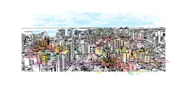 San Juan 'ın simgesi olan Print Building view, Porto Riko' nun başkentidir. Vektörde elle çizilmiş resim ile suluboya sıçraması.