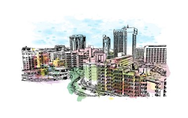 San Juan 'ın simgesi olan Print Building view, Porto Riko' nun başkentidir. Vektörde elle çizilmiş resim ile suluboya sıçraması.