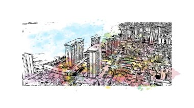 San Juan 'ın simgesi olan Print Building view, Porto Riko' nun başkentidir. Vektörde elle çizilmiş resim ile suluboya sıçraması.
