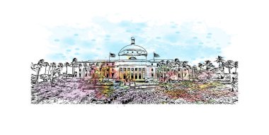 San Juan 'ın simgesi olan Print Building view, Porto Riko' nun başkentidir. Vektörde elle çizilmiş resim ile suluboya sıçraması.