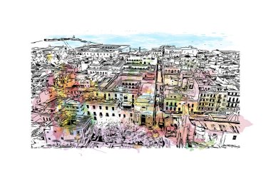 San Juan 'ın simgesi olan Print Building view, Porto Riko' nun başkentidir. Vektörde elle çizilmiş resim ile suluboya sıçraması.