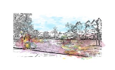 San Luis 'in simgesi olan Print Building View Arizona' da bulunmaktadır. Vektörde elle çizilmiş resim ile suluboya sıçraması.