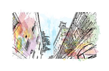 San Marino, San Marino 'nun başkenti San Marino' nun başkentidir. Vektörde elle çizilmiş resim ile suluboya sıçraması.