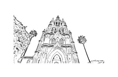 San Miguel de Allende manzaralı Print Building, Meksika 'da bir şehirdir. Vektörde elle çizilmiş çizim çizimi.
