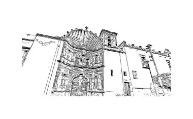 San Miguel de Allende manzaralı Print Building, Meksika 'da bir şehirdir. Vektörde elle çizilmiş çizim çizimi.