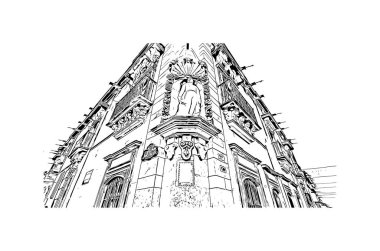 San Miguel de Allende manzaralı Print Building, Meksika 'da bir şehirdir. Vektörde elle çizilmiş çizim çizimi.