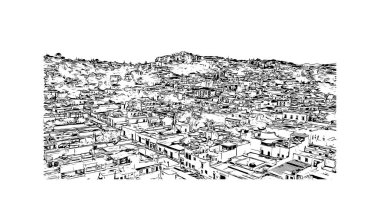 San Miguel de Allende manzaralı Print Building, Meksika 'da bir şehirdir. Vektörde elle çizilmiş çizim çizimi.