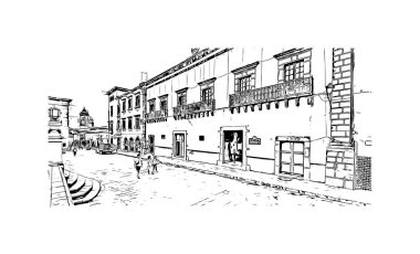 San Miguel de Allende manzaralı Print Building, Meksika 'da bir şehirdir. Vektörde elle çizilmiş çizim çizimi.