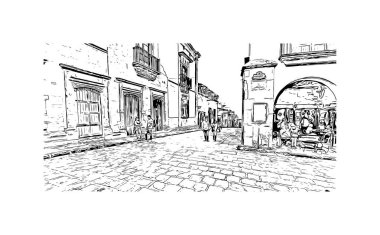 San Miguel de Allende manzaralı Print Building, Meksika 'da bir şehirdir. Vektörde elle çizilmiş çizim çizimi.