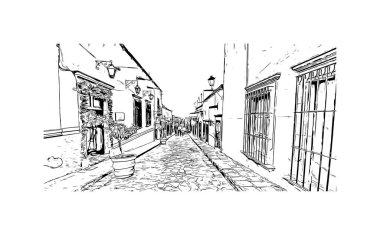 San Miguel de Allende manzaralı Print Building, Meksika 'da bir şehirdir. Vektörde elle çizilmiş çizim çizimi.