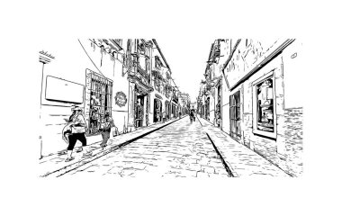 San Miguel de Allende manzaralı Print Building, Meksika 'da bir şehirdir. Vektörde elle çizilmiş çizim çizimi.