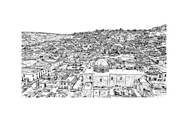 San Miguel de Allende manzaralı Print Building, Meksika 'da bir şehirdir. Vektörde elle çizilmiş çizim çizimi.