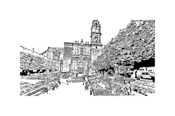Print Building View Landmark San Miguel Allende Staden Mexiko Handritad — Stock vektor