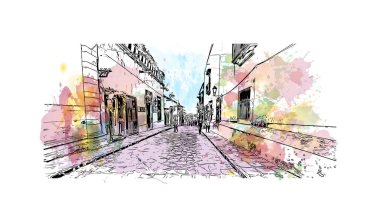 San Miguel de Allende manzaralı Print Building, Meksika 'da bir şehirdir. Vektörde elle çizilmiş resim ile suluboya sıçraması.