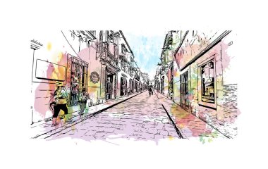 San Miguel de Allende manzaralı Print Building, Meksika 'da bir şehirdir. Vektörde elle çizilmiş resim ile suluboya sıçraması.