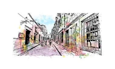 San Miguel de Allende manzaralı Print Building, Meksika 'da bir şehirdir. Vektörde elle çizilmiş resim ile suluboya sıçraması.