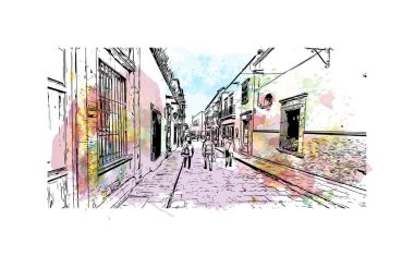 San Miguel de Allende manzaralı Print Building, Meksika 'da bir şehirdir. Vektörde elle çizilmiş resim ile suluboya sıçraması.