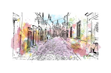 San Miguel de Allende manzaralı Print Building, Meksika 'da bir şehirdir. Vektörde elle çizilmiş resim ile suluboya sıçraması.