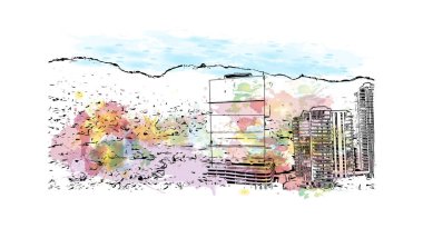 San Pedro 'nun simgesi olan Print Building View Belize' de yer almaktadır. Vektörde elle çizilmiş resim ile suluboya sıçraması.