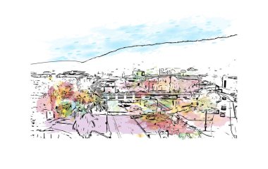 San Pedro 'nun simgesi olan Print Building View Belize' de yer almaktadır. Vektörde elle çizilmiş resim ile suluboya sıçraması.