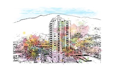 San Pedro 'nun simgesi olan Print Building View Belize' de yer almaktadır. Vektörde elle çizilmiş resim ile suluboya sıçraması.