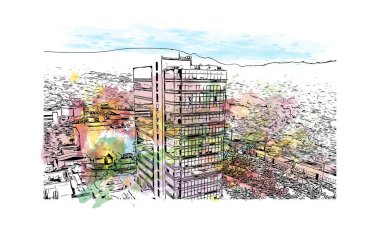 San Pedro 'nun simgesi olan Print Building View Belize' de yer almaktadır. Vektörde elle çizilmiş resim ile suluboya sıçraması.