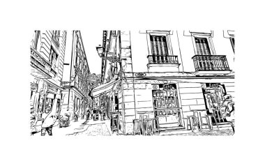 San Sebastian 'ın simgesi olan Print Building View İspanya' nın en büyük şehridir. Vektörde elle çizilmiş çizim çizimi.