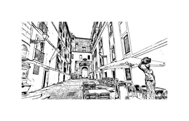 San Sebastian 'ın simgesi olan Print Building View İspanya' nın en büyük şehridir. Vektörde elle çizilmiş çizim çizimi.