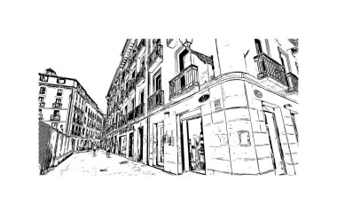 San Sebastian 'ın simgesi olan Print Building View İspanya' nın en büyük şehridir. Vektörde elle çizilmiş çizim çizimi.