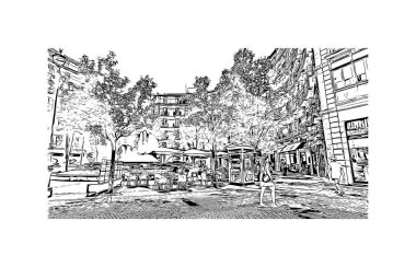 San Sebastian 'ın simgesi olan Print Building View İspanya' nın en büyük şehridir. Vektörde elle çizilmiş çizim çizimi.