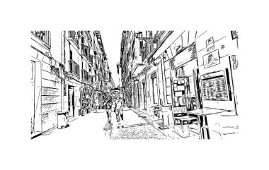 San Sebastian 'ın simgesi olan Print Building View İspanya' nın en büyük şehridir. Vektörde elle çizilmiş çizim çizimi.