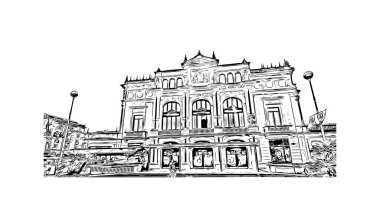 San Sebastian 'ın simgesi olan Print Building View İspanya' nın en büyük şehridir. Vektörde elle çizilmiş çizim çizimi.