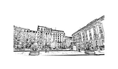 San Sebastian 'ın simgesi olan Print Building View İspanya' nın en büyük şehridir. Vektörde elle çizilmiş çizim çizimi.