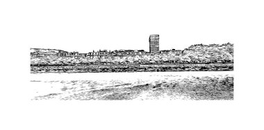 San Sebastian 'ın simgesi olan Print Building View İspanya' nın en büyük şehridir. Vektörde elle çizilmiş çizim çizimi.