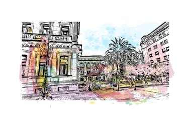 San Sebastian 'ın simgesi olan Print Building View İspanya' nın en büyük şehridir. Vektörde elle çizilmiş resim ile suluboya sıçraması.