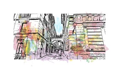 San Sebastian 'ın simgesi olan Print Building View İspanya' nın en büyük şehridir. Vektörde elle çizilmiş resim ile suluboya sıçraması.