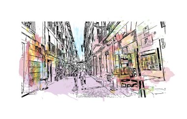 San Sebastian 'ın simgesi olan Print Building View İspanya' nın en büyük şehridir. Vektörde elle çizilmiş resim ile suluboya sıçraması.